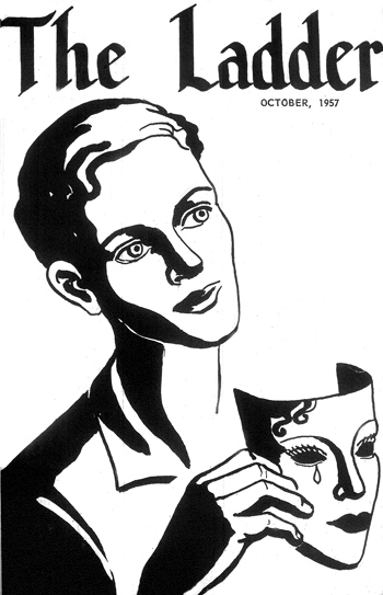 Cover of The Ladder displaying a woman who has just taken off a Greek Tragedy mask.