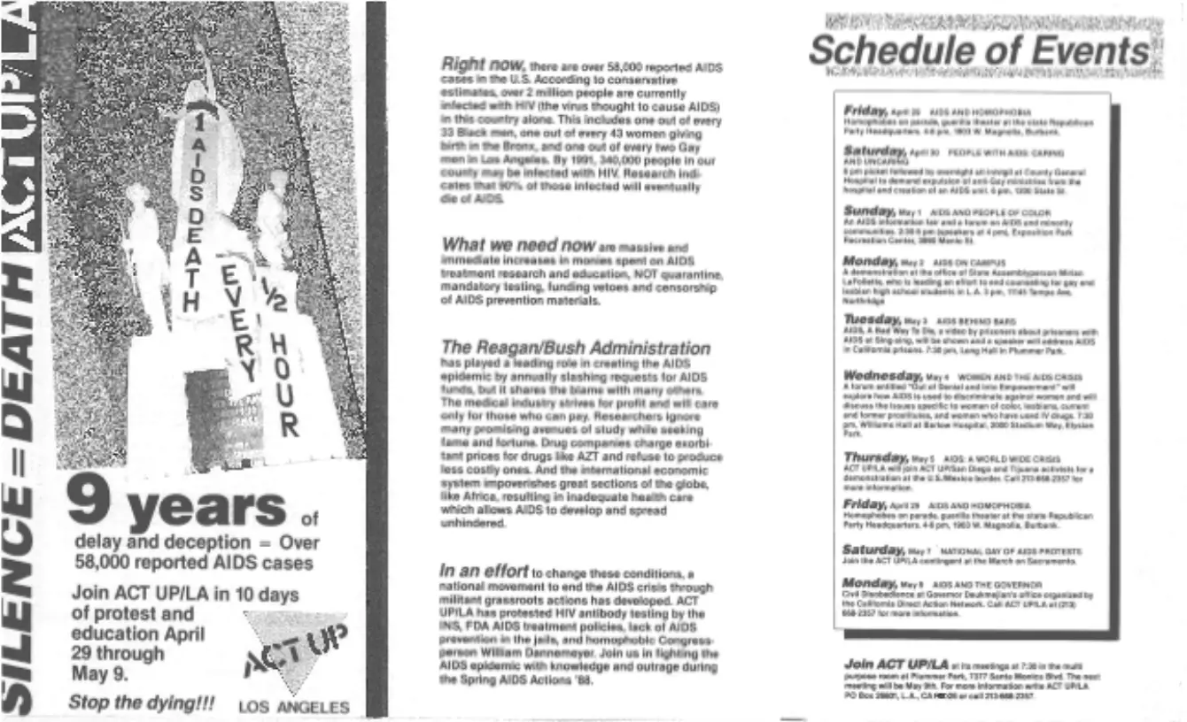Pamphlets read “9 years of delay and deception = Over 58,000 reported AIDS cases. Join ACT UP/LA in 10 days of protest and education April 29 through May 9. Stop the dying!!! Right now, there are over 58,000 reported AIDS cases in the U.S. According to conservative estimates, over 2 million people are currently infected with HIV (the virus thought to cause AIDS) in this country alone. This includes one out of every 33 Black men, one out of every 43 women giving birth in the Bronx, and one out of every two Gay men in Los Angeles. By 1991, 340,000 people in our county may be infected with HIV. Research indicates that 90% of those infected will eventually die of AIDS. What we need now are massive and immediate increases in monies spent on AIDS treatment, research, and education, NOT quarantine, mandatory testing, funding vetos and censorship of AIDS prevention materials. The Reagan/Bush Administration has played a leading role in creating the AIDS epidemic by annually slashing requests for AIDS funds, but it shares the blame with many others. The medical industry strives for profit and will care only for those who can pay. Researchers ignore many promising avenues of study while seeking fame and fortune. Drug companies charge exorbitant prices for drugs like AXT and refuse to produce less costly ones. And the international economic system impoverishes great sections of the globe, like Africa, resulting in inadequate health care which allows AIDS to develop and spread unhindered. In an effort to change these conditions, a national movement to end the AIDS crisis through militant grassroots actions has developed. ACT UP/LA has protested HIV antibody testing by the INS, FDA, AIDS treatment policies, lack of AIDS prevention in the jails, and homophobic Congressperson William Dannemeyer. Join us in fighting the AIDS epidemic with knowledge and outrage during the Spring AIDS Actions ’88.”