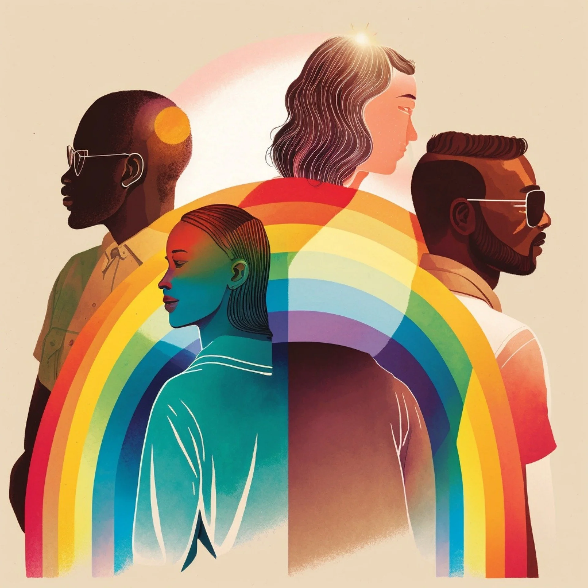 People standing in a rainbow.