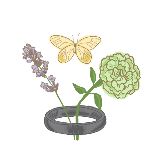 White circle background with a black ring that has a lavender and a green carnation coming out of it with a yellow butterfly.