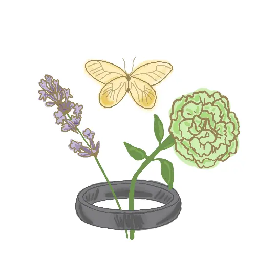 White circle background with a black ring that has a lavender and a green carnation coming out of it with a yellow butterfly.